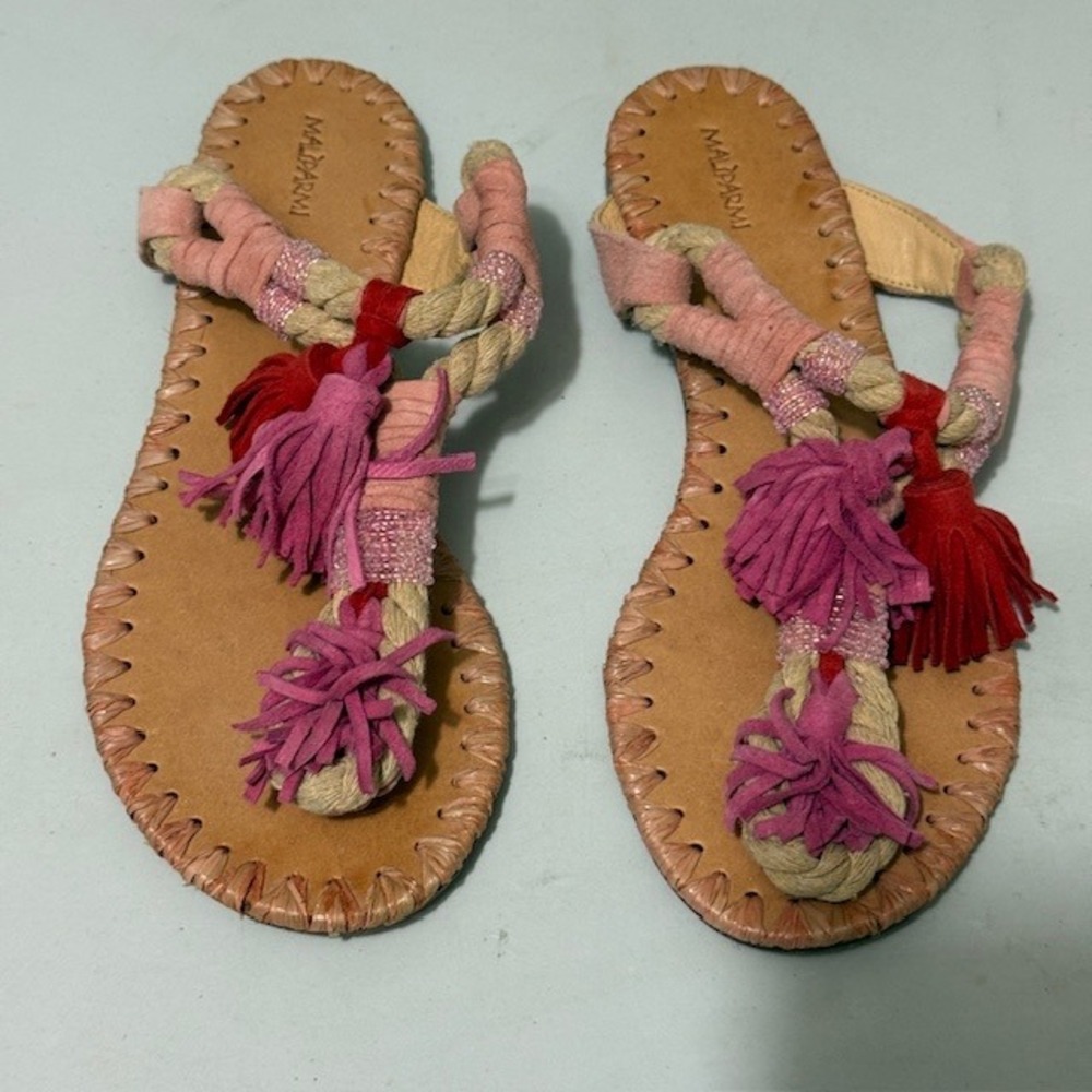 Maliparmi Handmade Pink Red Suede Tassel Thong Sandals Boho Beaded Resortwear